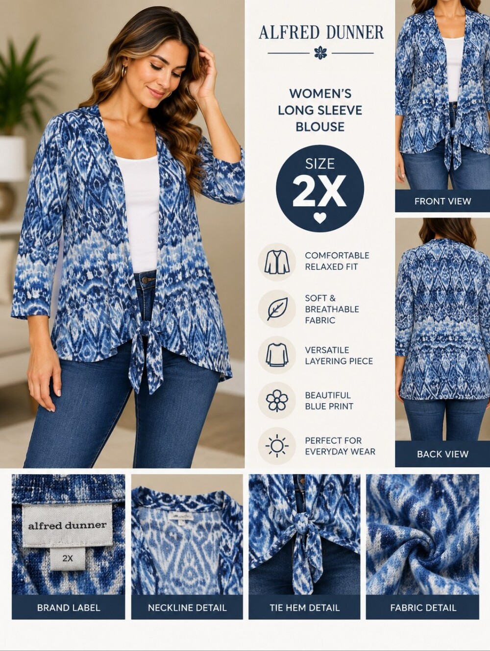 Alfred dunner Women's 2X blue long sleeve blouse #31
